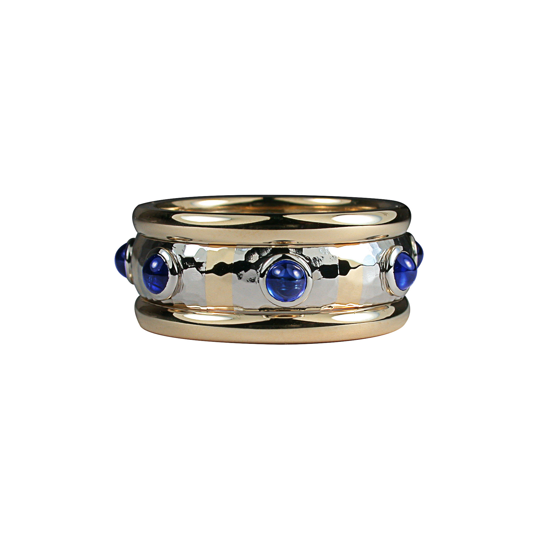 Cabochon blue sapphires in 18K yellow gold and platinum